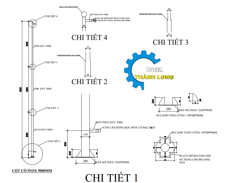 bản vẽ chi tiết Cột cờ inox 9m